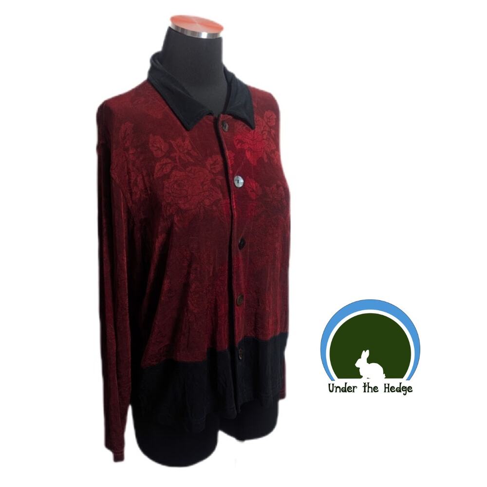 90s Chicos Red & Black Floral Slinky Cardigan Top | Large 2 | Whimsigoth